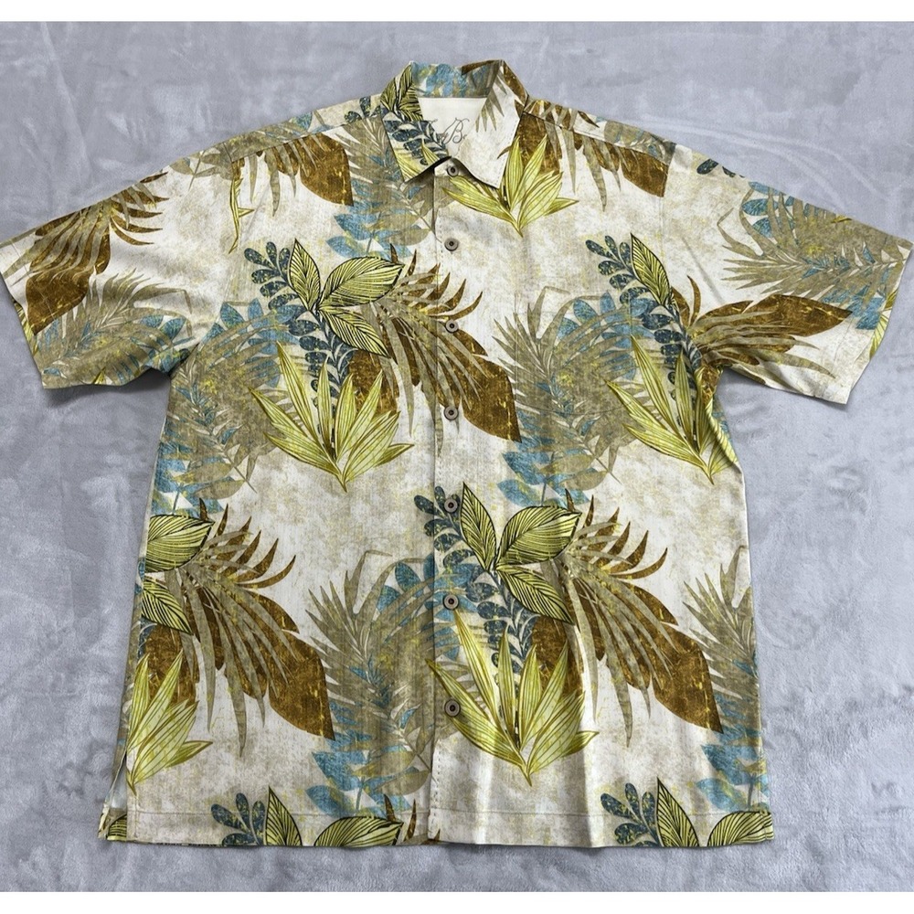 Tommy Bahama Shirt Men Large Multicolor 100% Silk Leaves All Over Print Hawaiian
